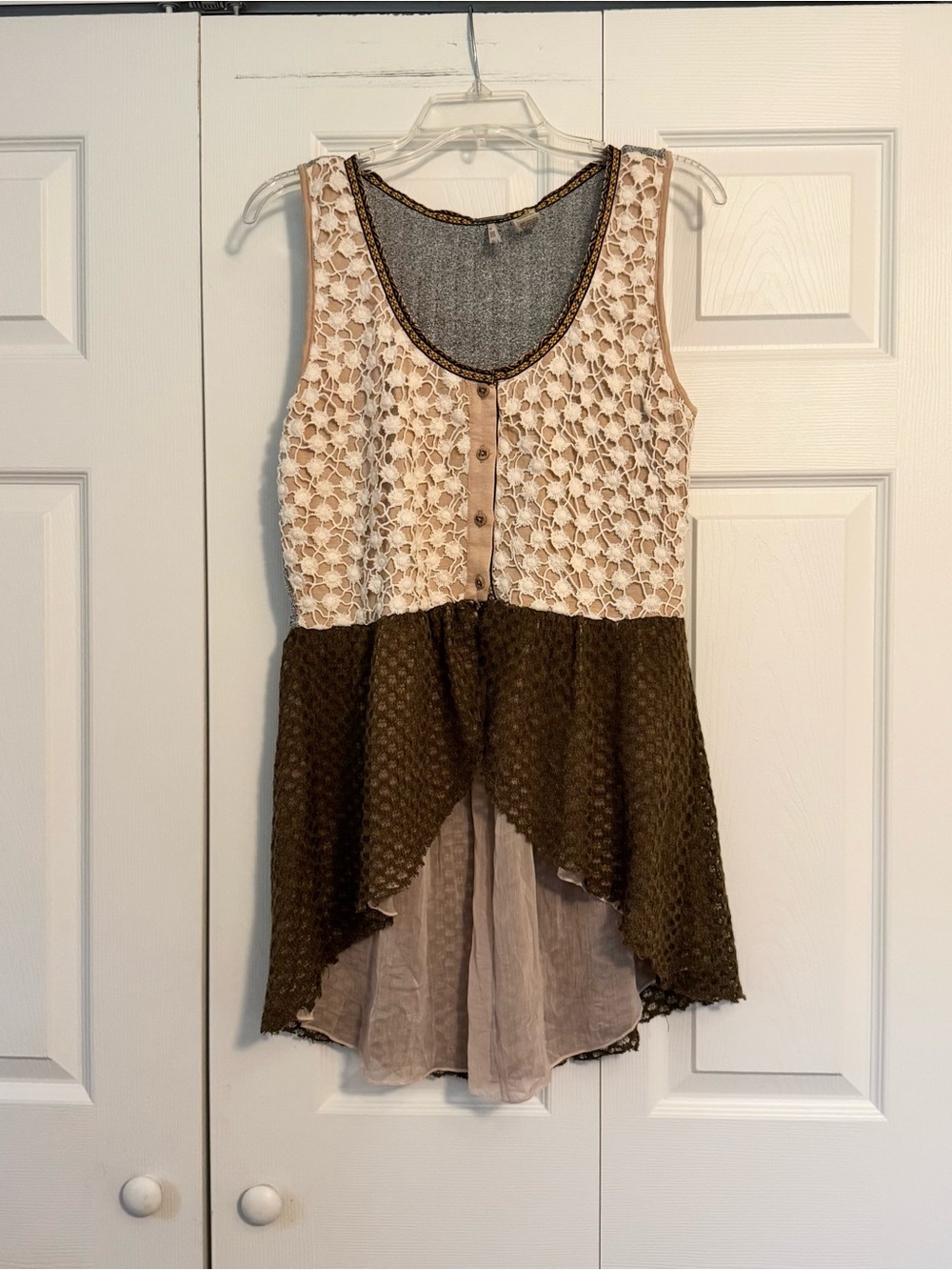 BKE Cream Crochet Cream and Brown Layered Bohemian Tank